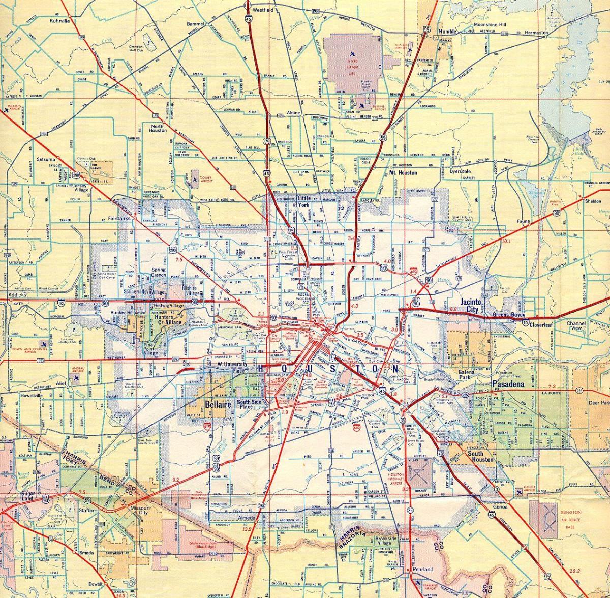 מפה של יוסטון כבישים ראשיים.